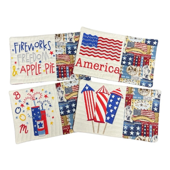 Hand Crafted Mug Rug Coaster Set of 4 Patriotic Red White Blue Fourth of July - Picture 1 of 17